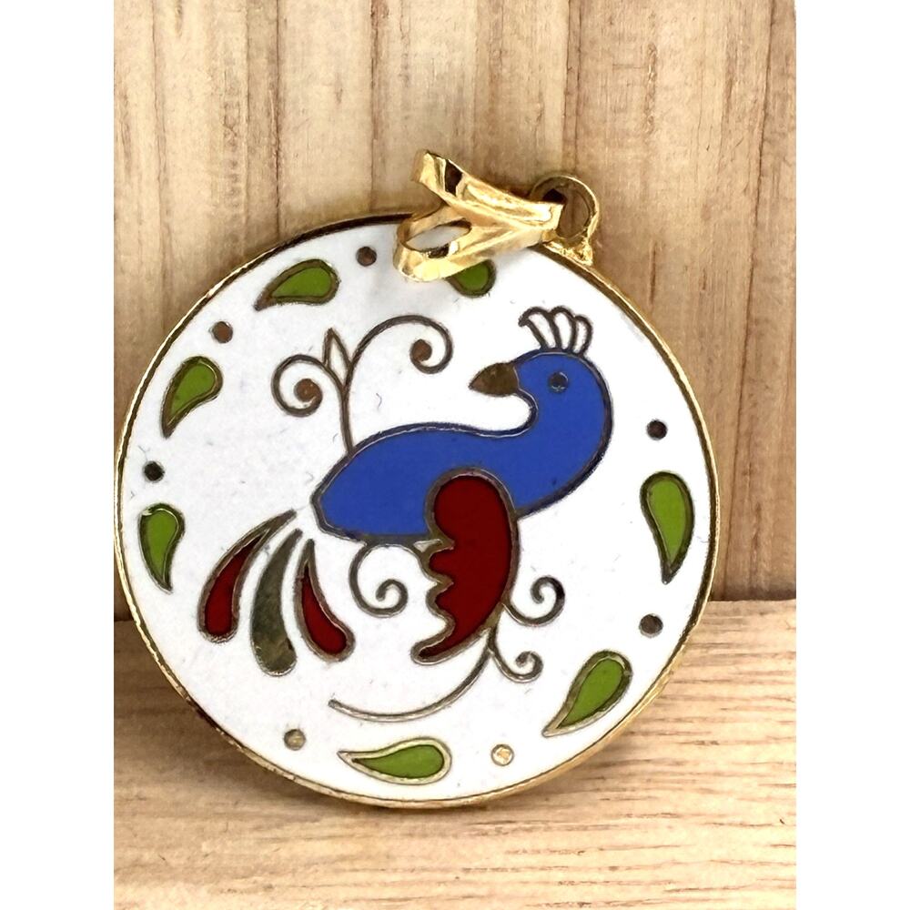 Vintage Cloisonne Enamel Bird Pendant Round Gold Tone Folk Art Blue Red